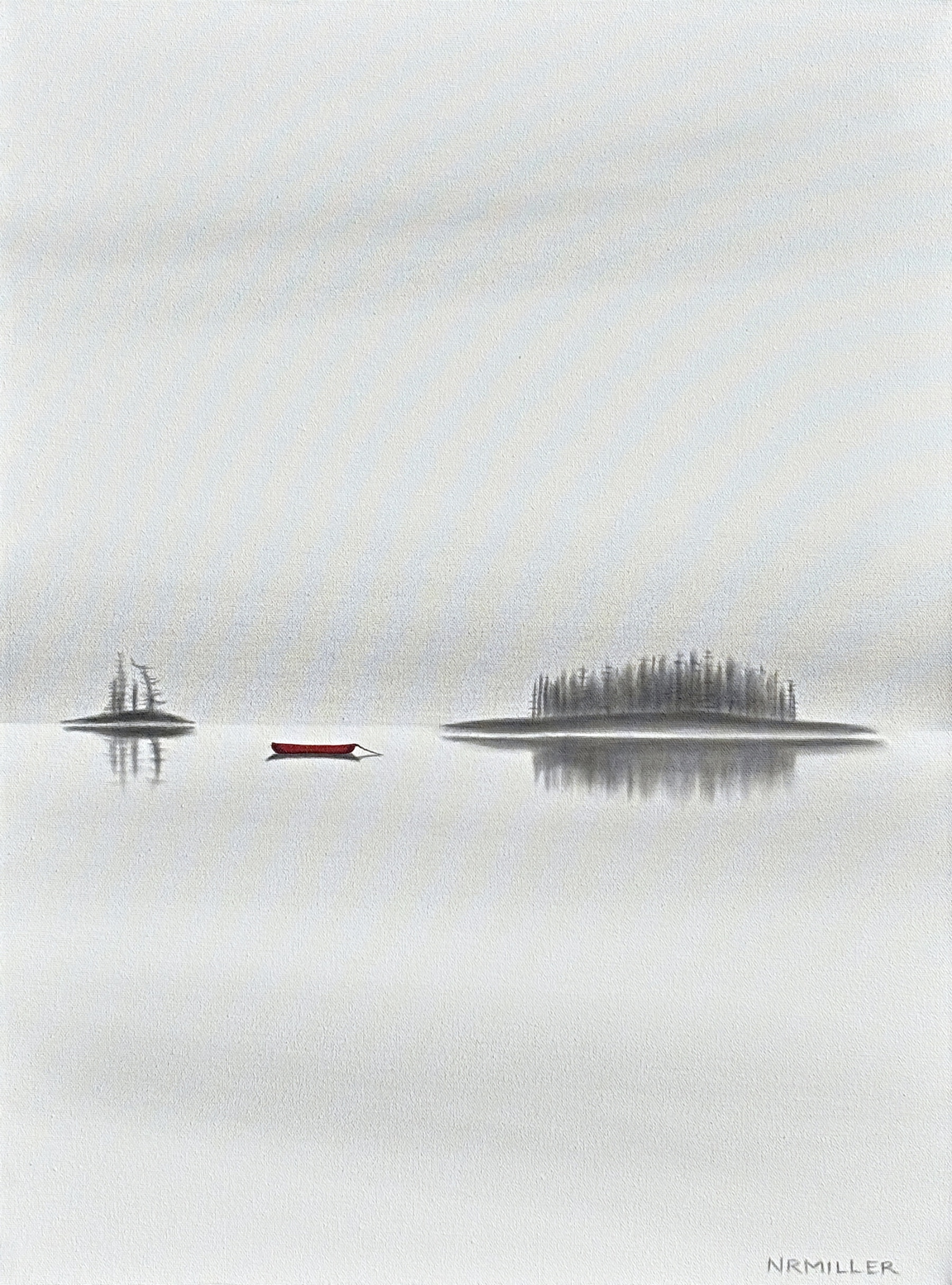 Found You in the Fog, original mixed media foggy lake landscape and canoe painting by Canadian artist Natasha Miller (NRMiller) at Effusion Art Gallery in Invermere, BC.