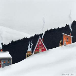 Hot Tub Time Machine, original mixed media ski chalet landscape painting by Canadian artist Natasha Miller (NRMiller) at Effusion Art Gallery in Invermere, BC.