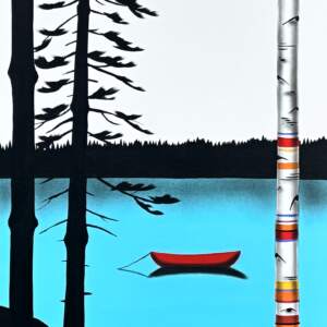 The Backroads Bounty, original mixed media lake landscape and canoe painting by Canadian artist Natasha Miller (NRMiller) at Effusion Art Gallery in Invermere, BC.