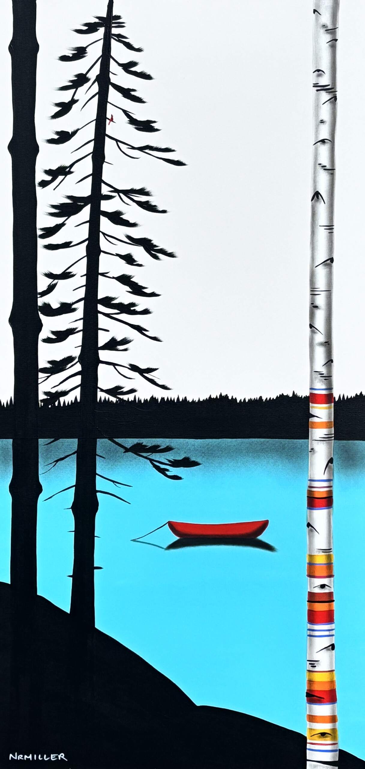 The Backroads Bounty, original mixed media lake landscape and canoe painting by Canadian artist Natasha Miller (NRMiller) at Effusion Art Gallery in Invermere, BC.