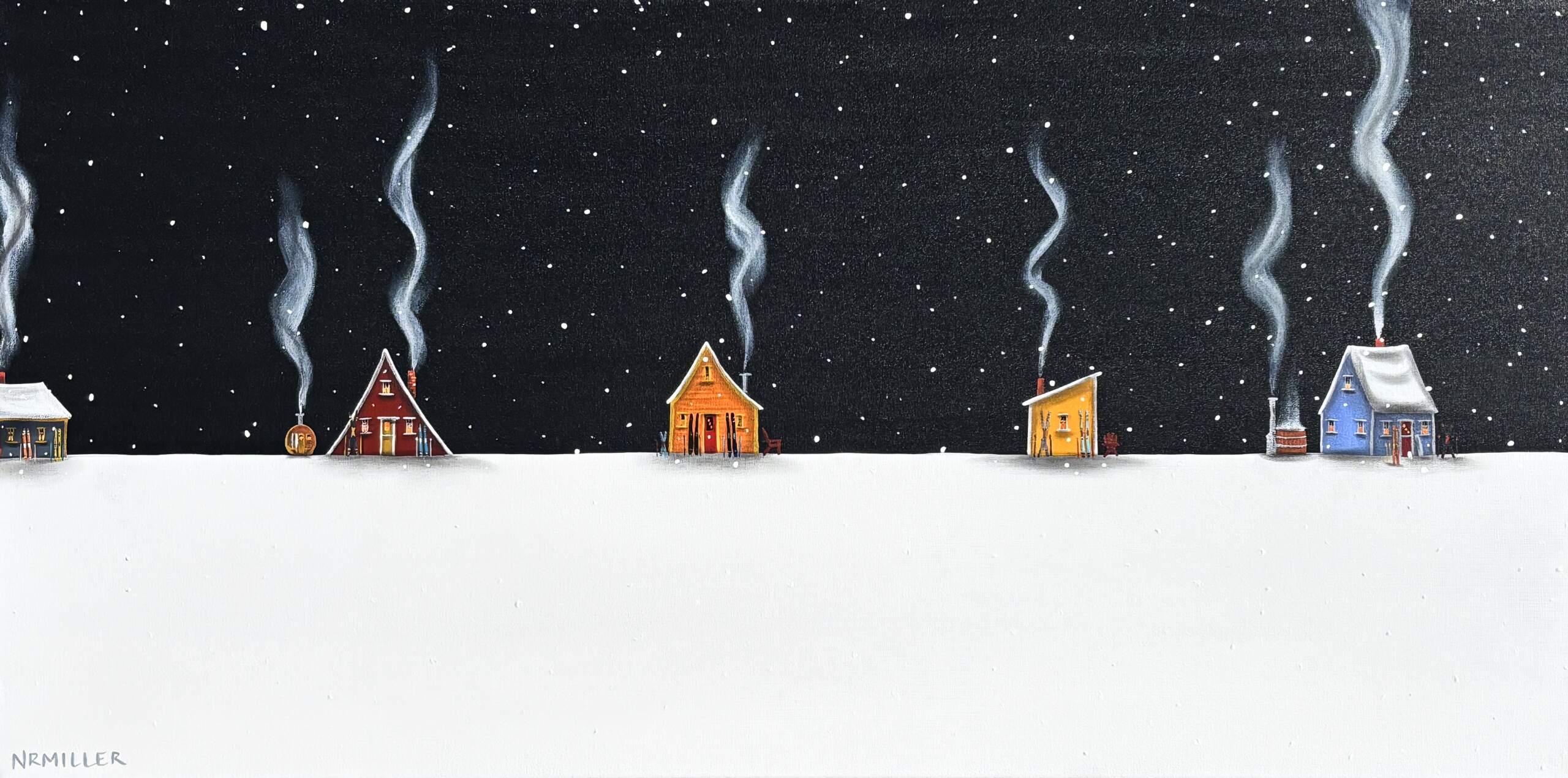 The Sweet Spot, original mixed media ski chalet landscape painting by Canadian artist Natasha Miller (NRMiller) at Effusion Art Gallery in Invermere, BC.