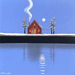 The Waltzing Whisp, original mixed media lake chalet landscape painting by Canadian artist Natasha Miller (NRMiller) at Effusion Art Gallery in Invermere, BC.