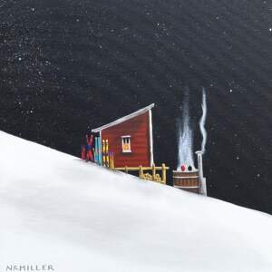 Tub for Two, original mixed media ski chalet landscape painting by Canadian artist Natasha Miller (NRMiller) at Effusion Art Gallery in Invermere, BC.