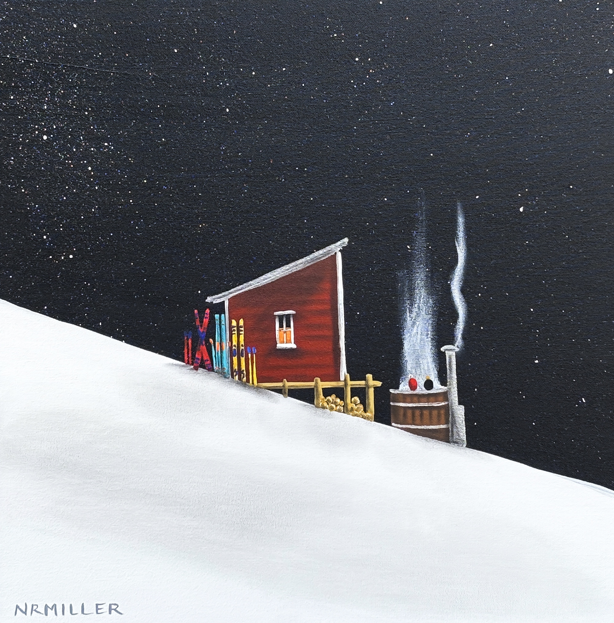 Tub for Two, original mixed media ski chalet landscape painting by Canadian artist Natasha Miller (NRMiller) at Effusion Art Gallery in Invermere, BC.