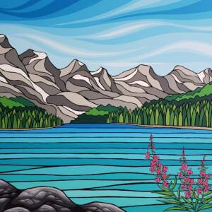 Mountainside, original acrylic landscape painting of Moraine Lake by Canadian artist Monica Morrill at Effusion Art Gallery in Invermere, BC.