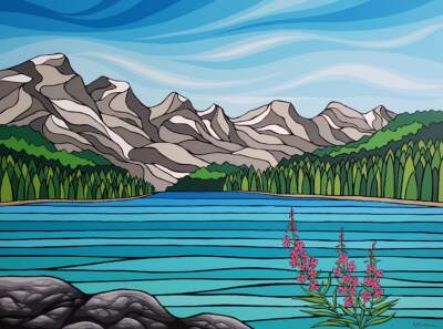 Mountainside, original acrylic landscape painting of Moraine Lake by Canadian artist Monica Morrill at Effusion Art Gallery in Invermere, BC.