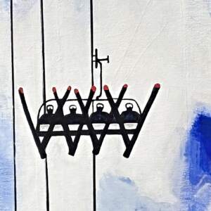 Tree Time, Mixed Media ski chair lift painting by Canadian artist Cody Pendleton at Effusion Art Gallery in Invermere, BC.