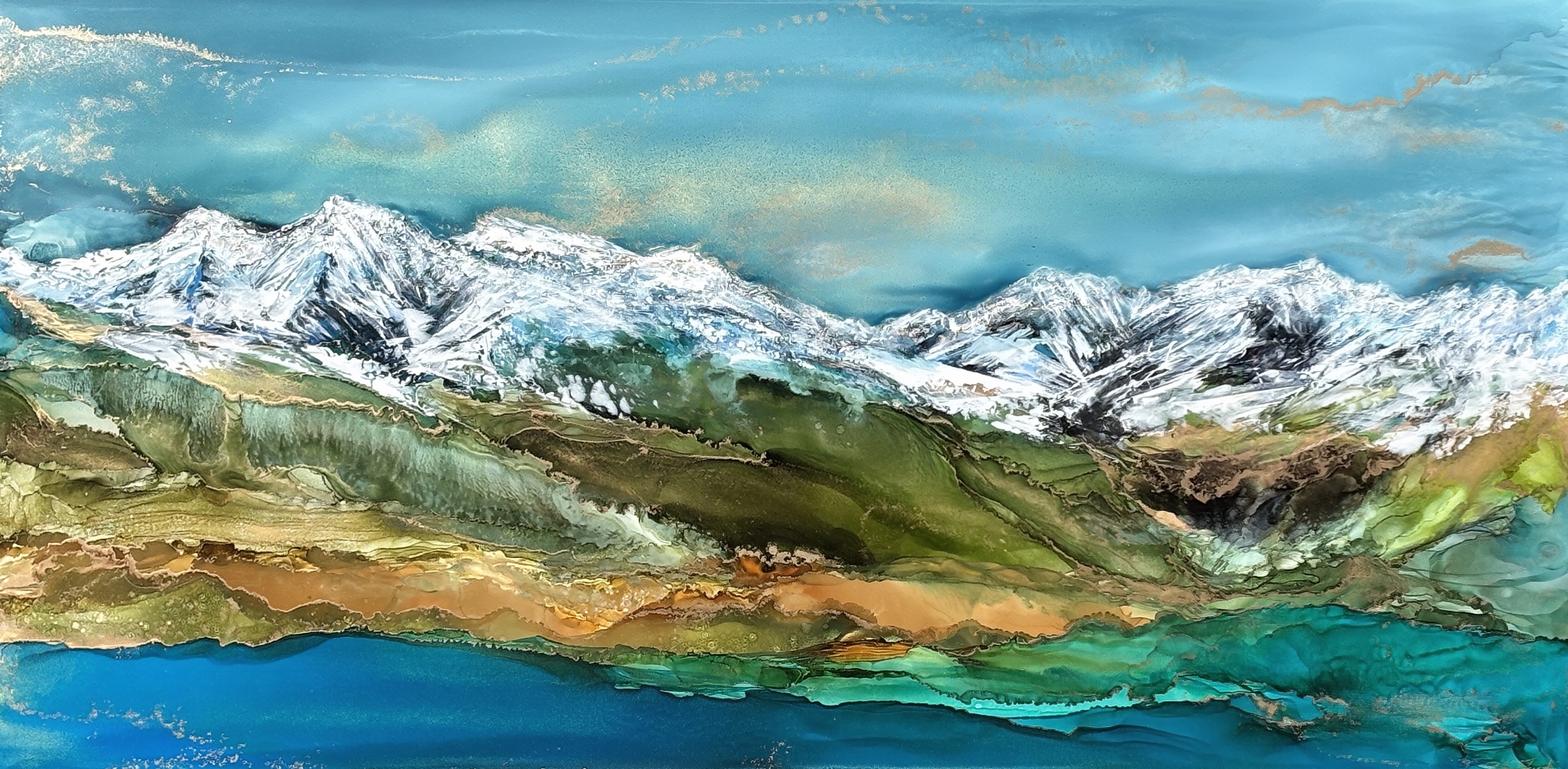 Where Hope Rises, original alcohol ink local landscape painting by Canadian artist Paulina Tokarski at Effusion Art Gallery in Invermere, BC.