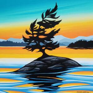 Windswept Pine XII, original acrylic tree at sunset painting by Canadian artist Monica Morrill at Effusion Art Gallery in Invermere, BC.
