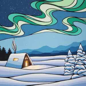 Winter Retreat XIV, original acrylic cozy night winter landscape under the Northern lights by Canadian artist Monica Morrill at Effusion Art Gallery in Invermere, BC.