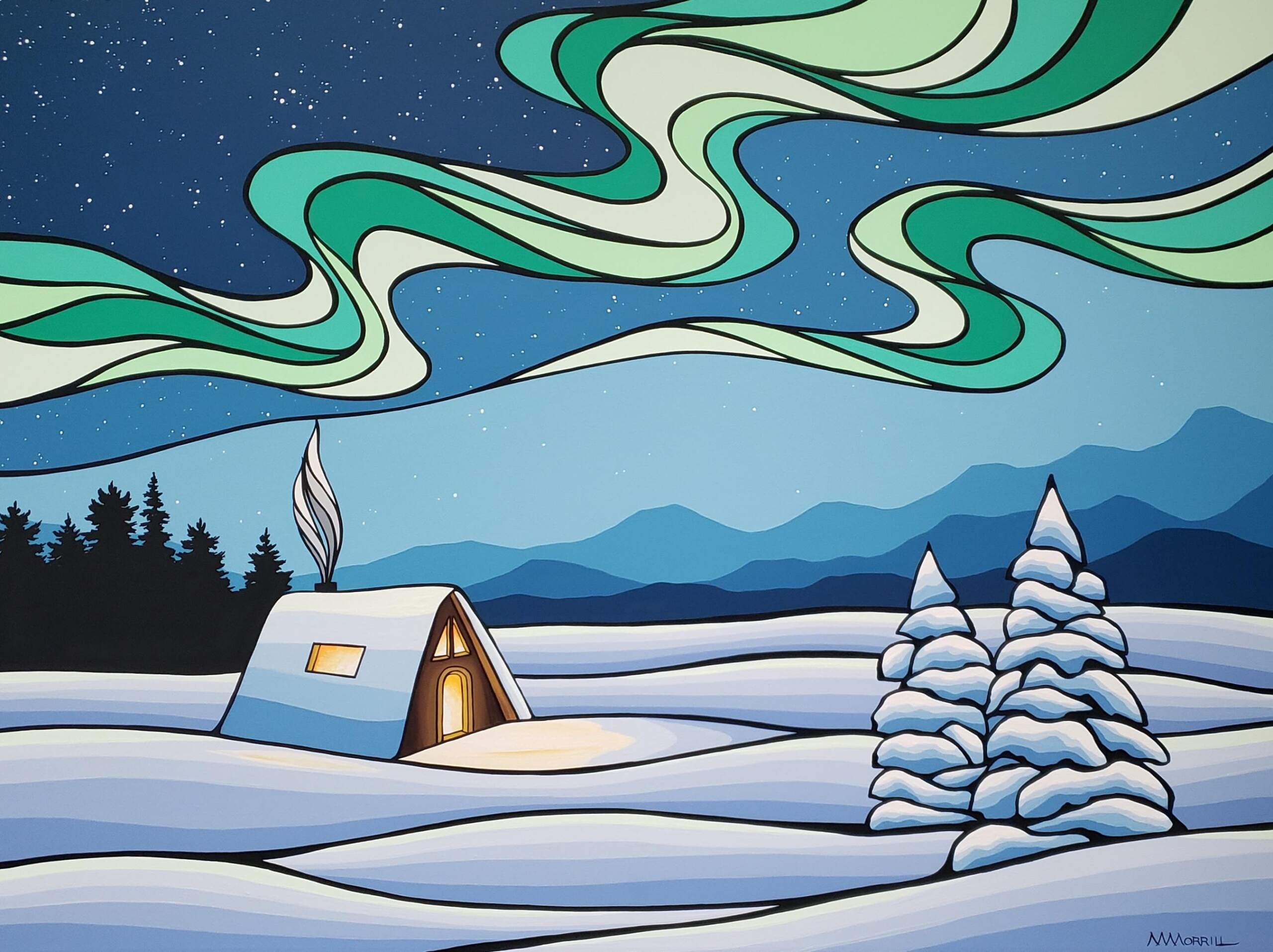 Winter Retreat XIV, original acrylic cozy night winter landscape under the Northern lights by Canadian artist Monica Morrill at Effusion Art Gallery in Invermere, BC.