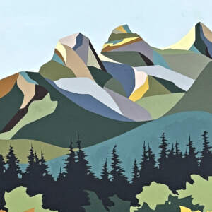 Spring Thaw, original acrylic landscape painting of the Three Sisters mountains in Canmore by Canadian artist Michelle Barkway at Effusion Art Gallery in Invermere, BC.