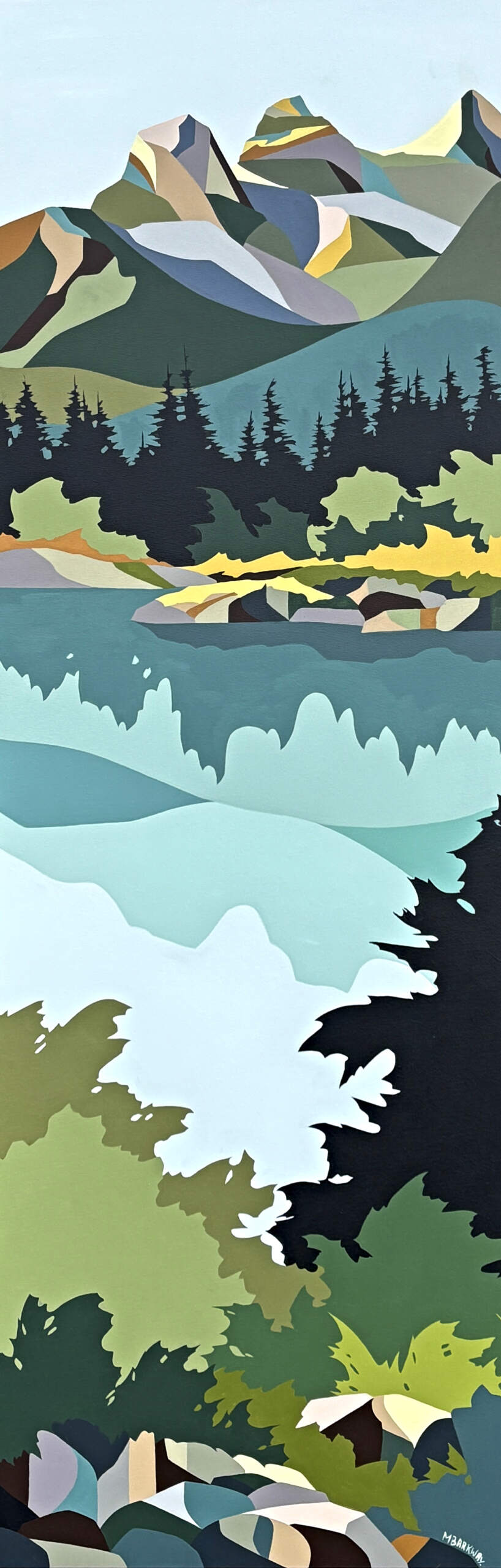 Spring Thaw, original acrylic landscape painting of the Three Sisters mountains in Canmore by Canadian artist Michelle Barkway at Effusion Art Gallery in Invermere, BC.