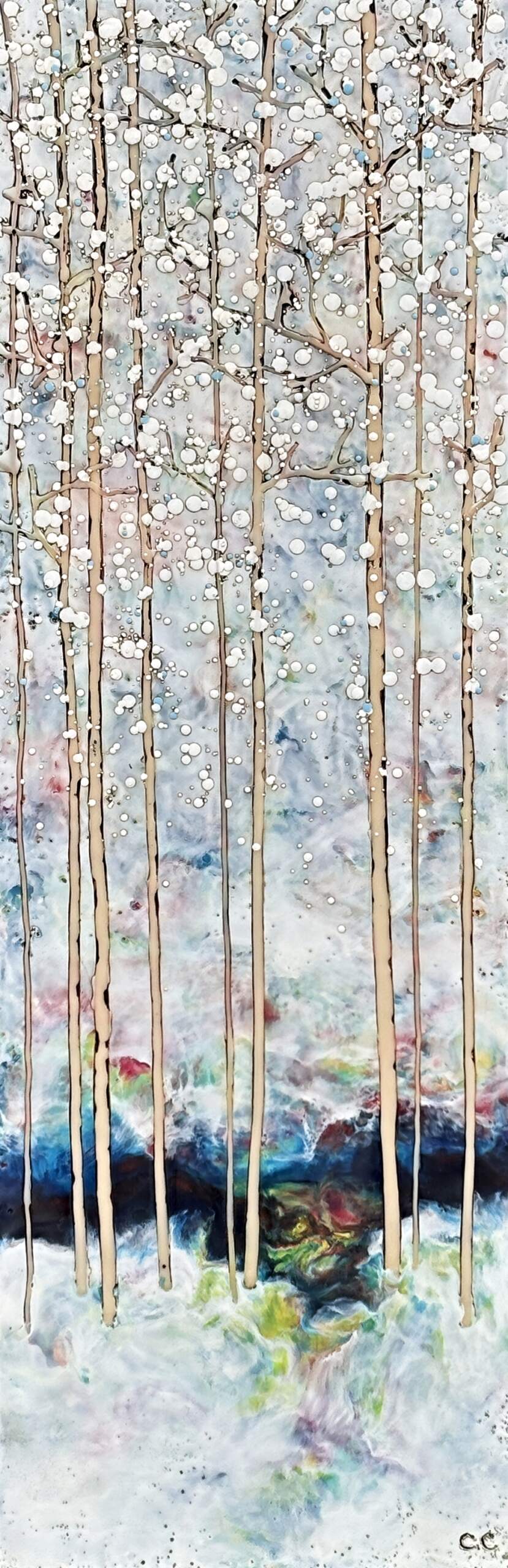 All to Ourselves 25107, original encaustic winter landscape painting by Canadian artist Catharine Clarke at Effusion Art Gallery in Invermere, BC.