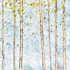 Fun in the Sun 25108, original encaustic spring landscape painting by Canadian artist Catharine Clarke at Effusion Art Gallery in Invermere, BC.