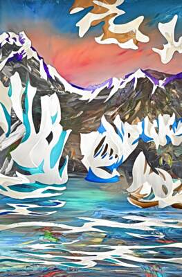 Alpenglow, original mixed media mountain sunset landscape painting with stainless steel overlay by Canadian artist Joel Masewich at Effusion Art Gallery in Invermere, BC.