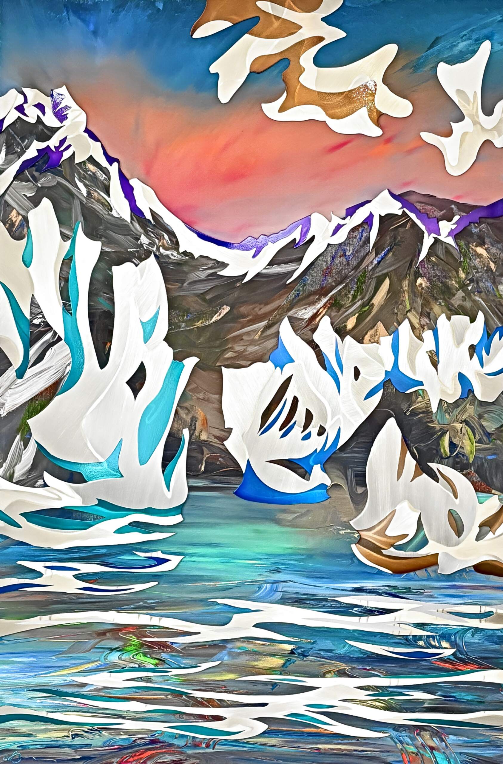 Alpenglow, original mixed media mountain sunset landscape painting with stainless steel overlay by Canadian artist Joel Masewich at Effusion Art Gallery in Invermere, BC.