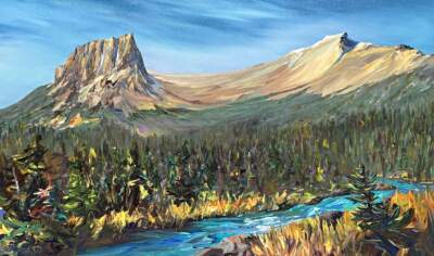 Standing Tall, original acrylic landscape painting of Castle Mountain to Helena Peak by Canadian artist Joel Masewich at Effusion Art Gallery in Invermere, BC.