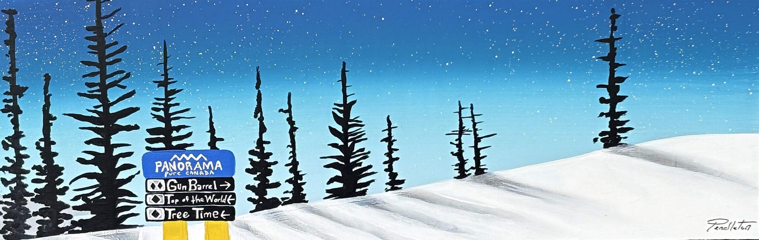 Gun Barrel, original mixed media ski landscape painting of Panorama Mountain Resort by Canadian artist Cody Pendleton at Effusion Art Gallery in Invermere, BC.