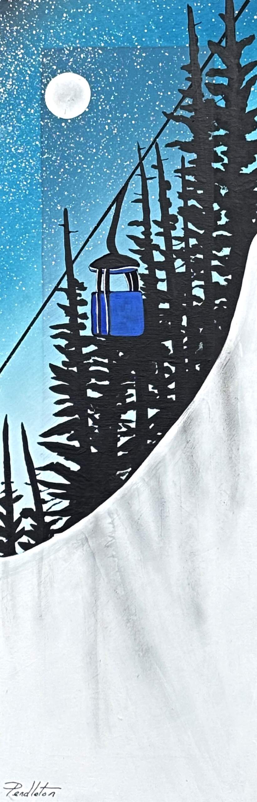 Moonlight Mile, original mixed media ski painting by Canadian artist Cody Pendleton at Effusion Art Gallery in Invermere, BC.