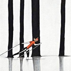 Slow Burn, original mixed media ski painting by Canadian artist Cody Pendleton at Effusion Art Gallery in Invermere, BC.