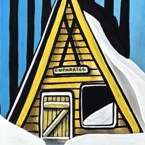 Warm Up, original mixed media winter ski landscape painting of the Euphrates cabin by Canadian artist Cody Pendleton at Effusion Art Gallery in Invermere, BC.