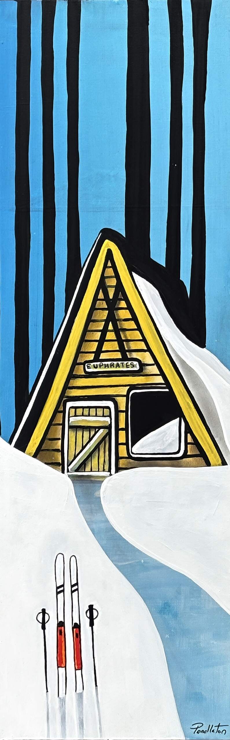 Warm Up, original mixed media winter ski landscape painting of the Euphrates cabin by Canadian artist Cody Pendleton at Effusion Art Gallery in Invermere, BC.