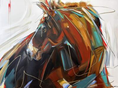 Dimmer Switch, original acrylic horse painting by Canadian artist Laura Stevens at Effusion Art Gallery in Invermere, BC.