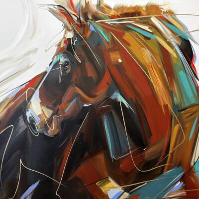 Dimmer Switch, original acrylic horse painting by Canadian artist Laura Stevens at Effusion Art Gallery in Invermere, BC.
