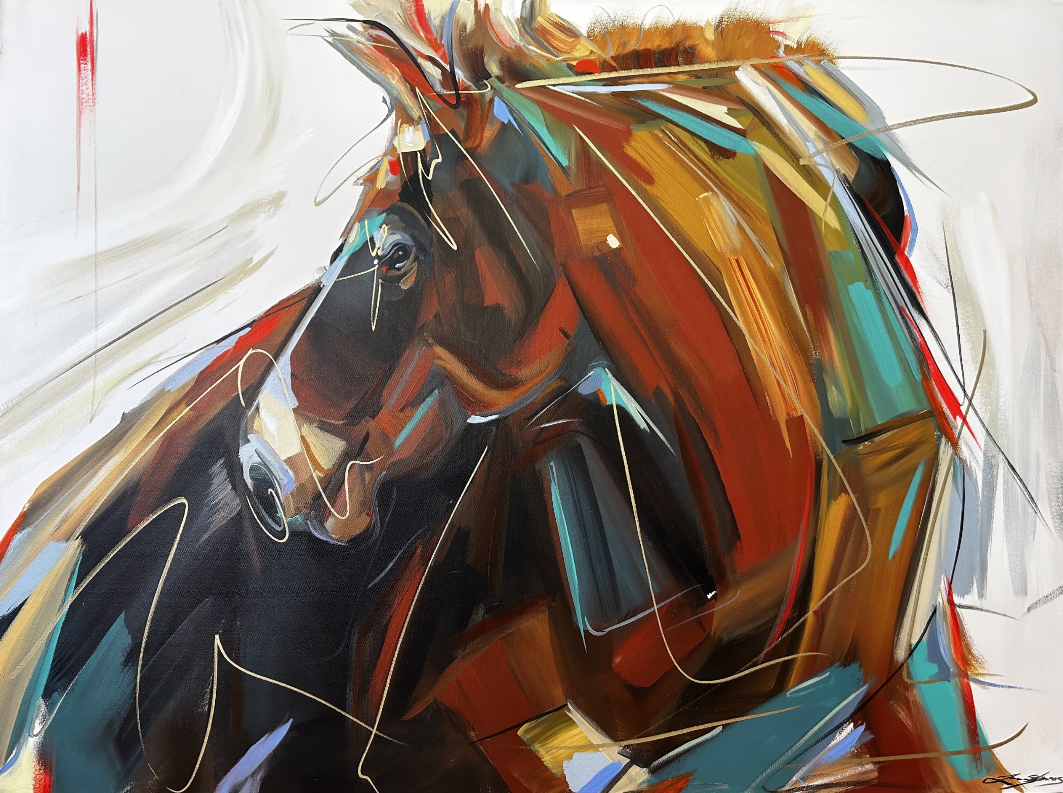 Dimmer Switch, original acrylic horse painting by Canadian artist Laura Stevens at Effusion Art Gallery in Invermere, BC.