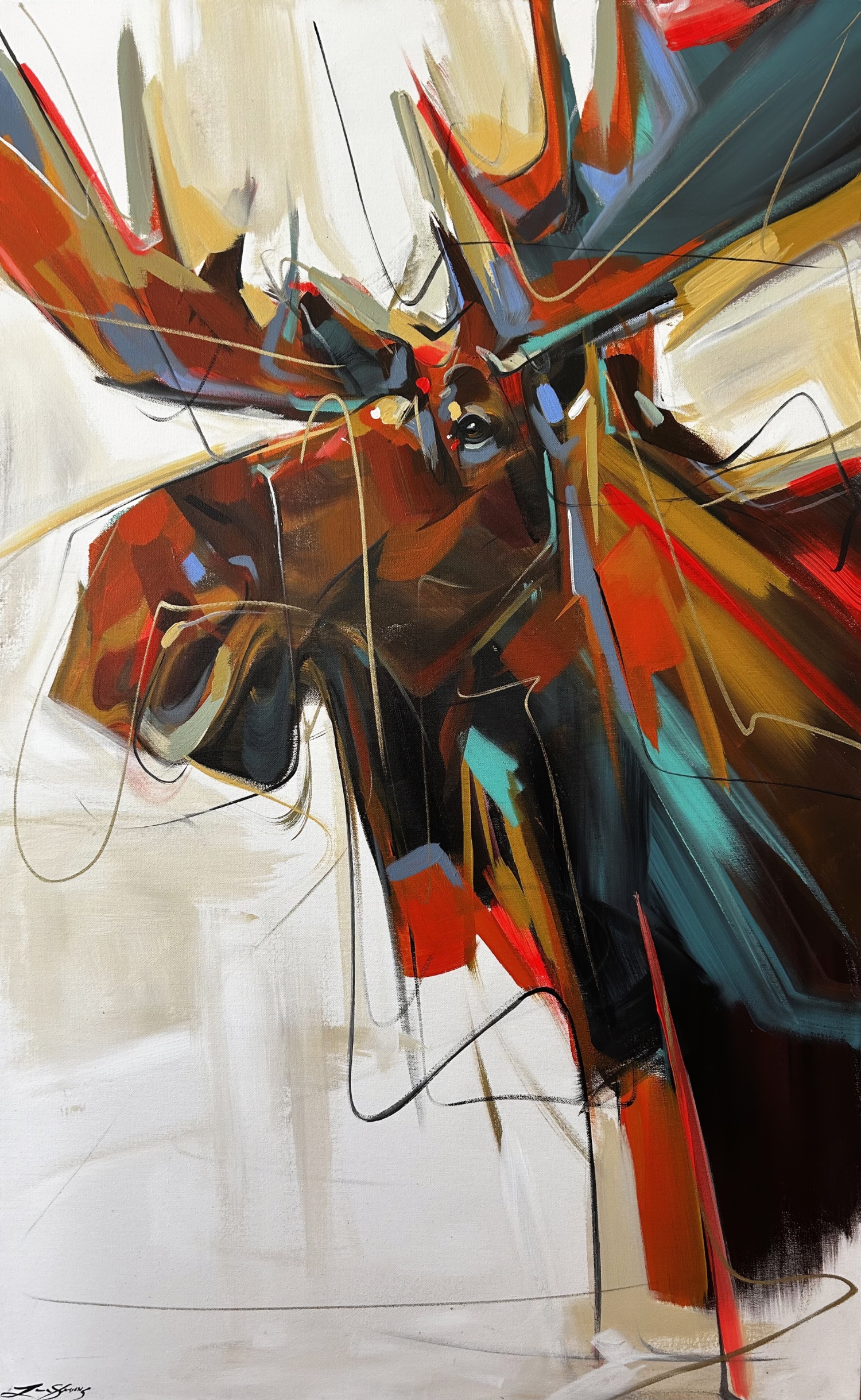 Hopelessly Devoted, original acrylic moose painting by Canadian artist Laura Stevens at Effusion Art Gallery in Invermere, BC.