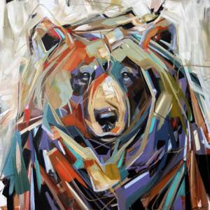 Step on It, original acrylic bear painting by Canadian artist Laura Stevens at Effusion Art Gallery in Invermere, BC.