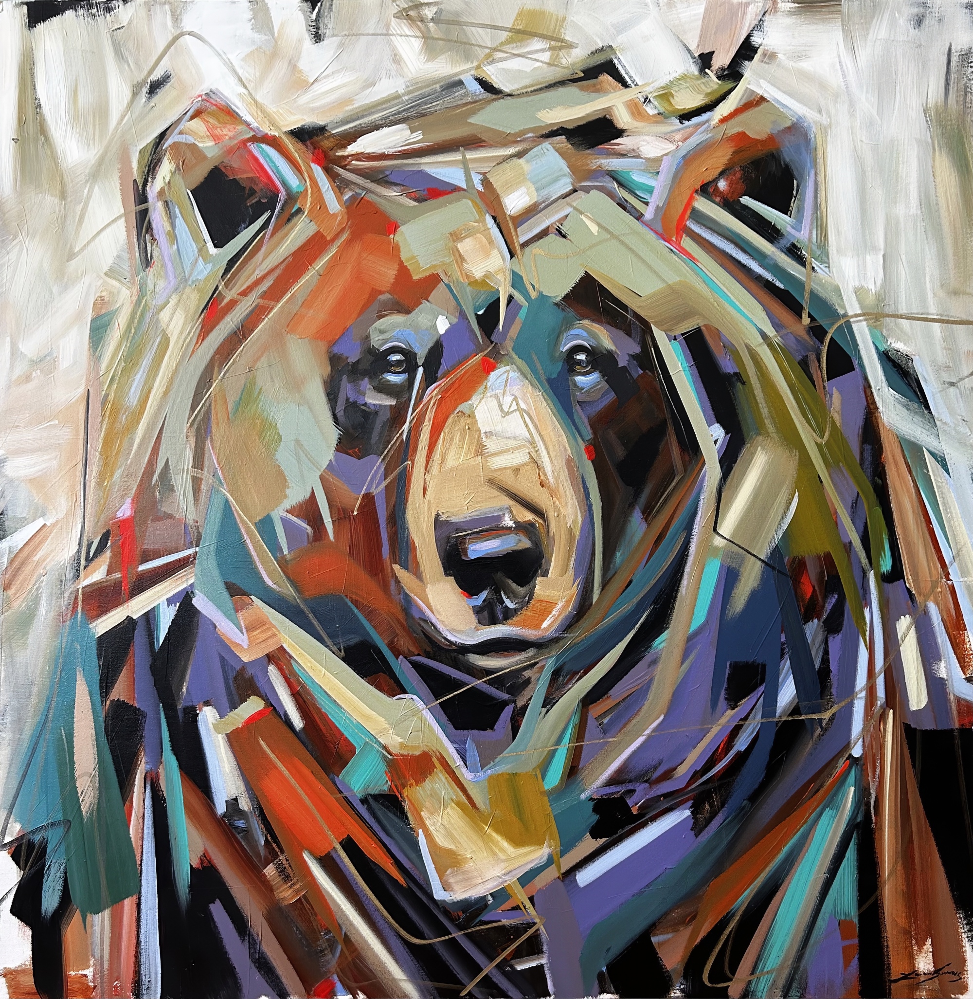 Step on It, original acrylic bear painting by Canadian artist Laura Stevens at Effusion Art Gallery in Invermere, BC.