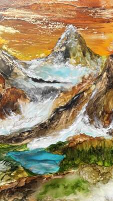 Assiniboine Radiance, original alcohol ink landscape painting of Mount Assiniboine by Canadian artist Paulina Tokarski at Effusion Art Gallery in Invermere, BC.