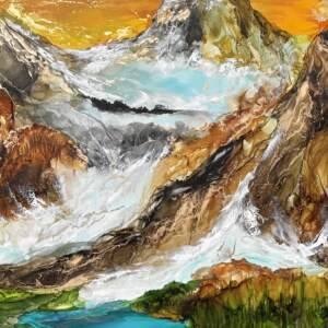 Assiniboine Radiance, original alcohol ink landscape painting of Mount Assiniboine by Canadian artist Paulina Tokarski at Effusion Art Gallery in Invermere, BC.