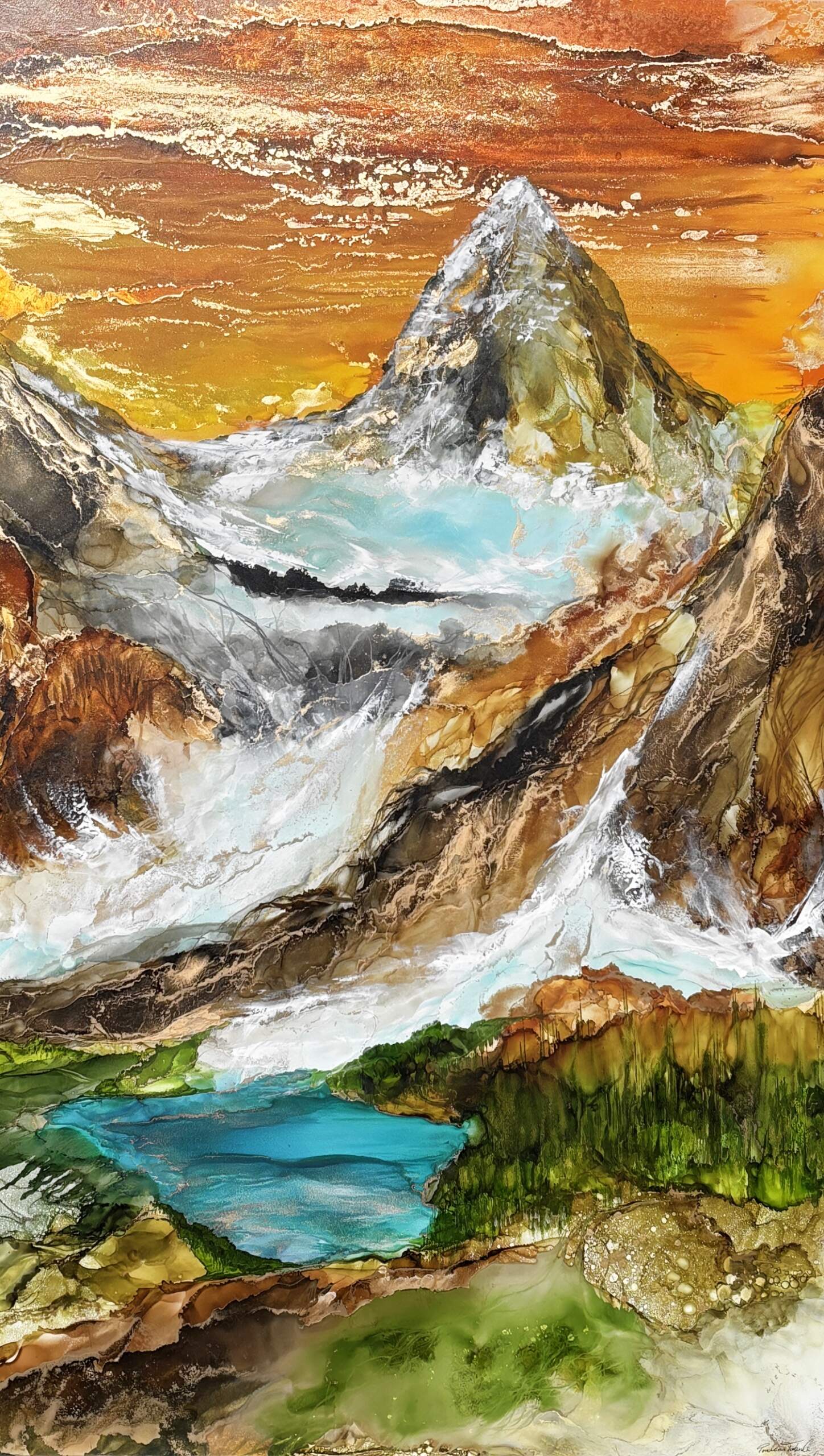 Assiniboine Radiance, original alcohol ink landscape painting of Mount Assiniboine by Canadian artist Paulina Tokarski at Effusion Art Gallery in Invermere, BC.