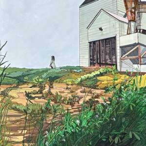 Am I Standing Still? Original mixed media prairie landscape narrative painting by Canadian artist Michaela Hoppe at Effusion Art Gallery in Invermere, BC.