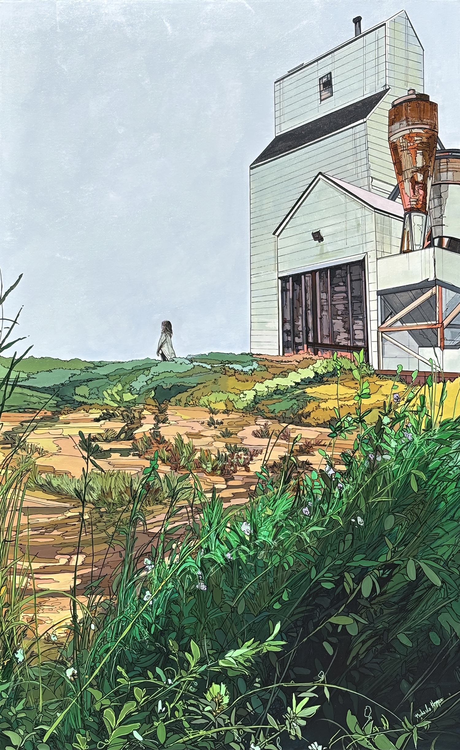 Am I Standing Still? Original mixed media prairie landscape narrative painting by Canadian artist Michaela Hoppe at Effusion Art Gallery in Invermere, BC.