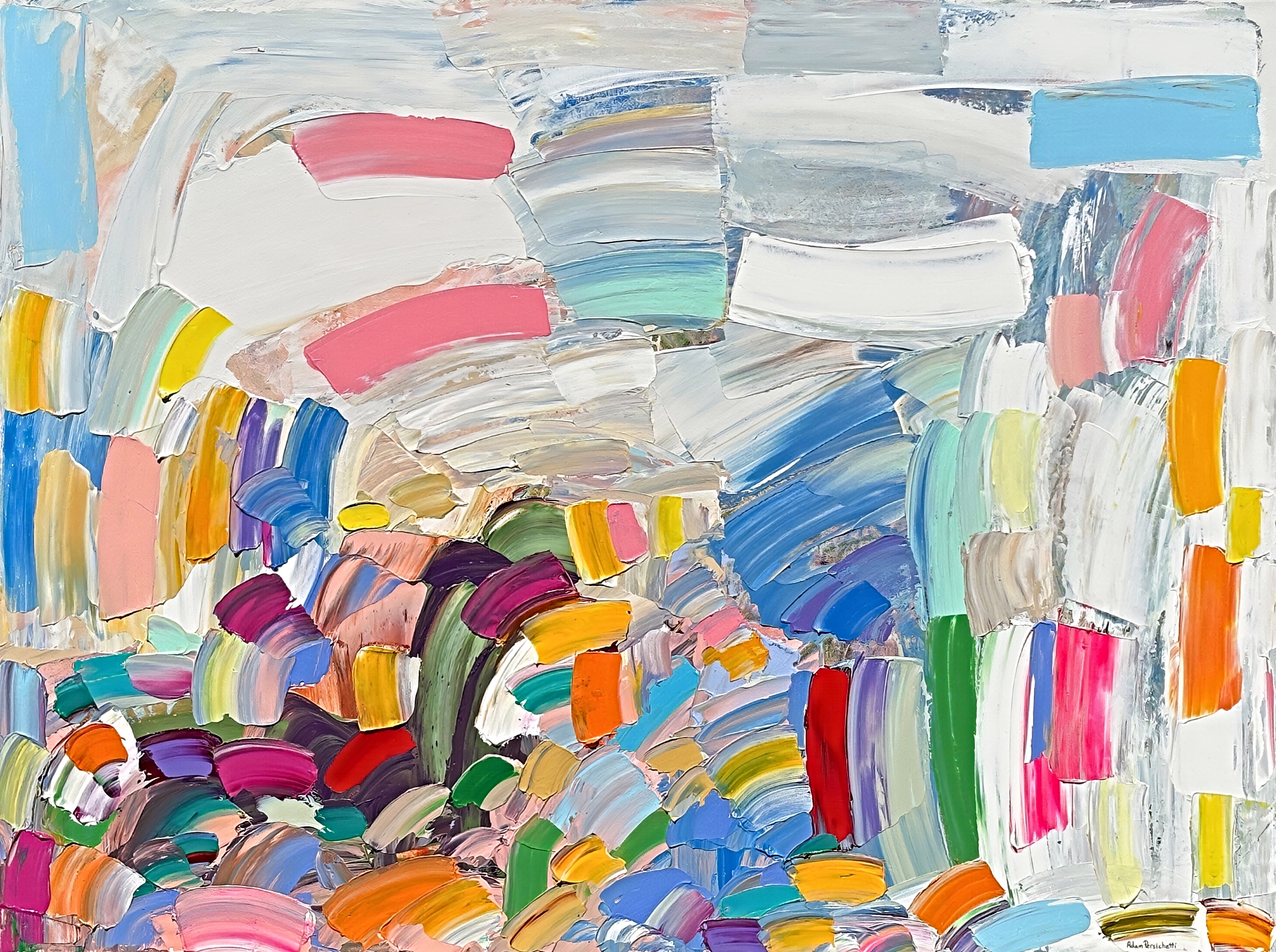 There is Only Rainbows After the Rain, original acrylic abstract painting by Canadian artist Adam Persichetti at Effusion Art Gallery in Invermere, BC.