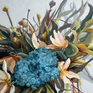 Harmony, original acrylic loose warm floral painting by Canadian artist Jane Bronsch at Effusion Art Gallery in Invermere, BC.