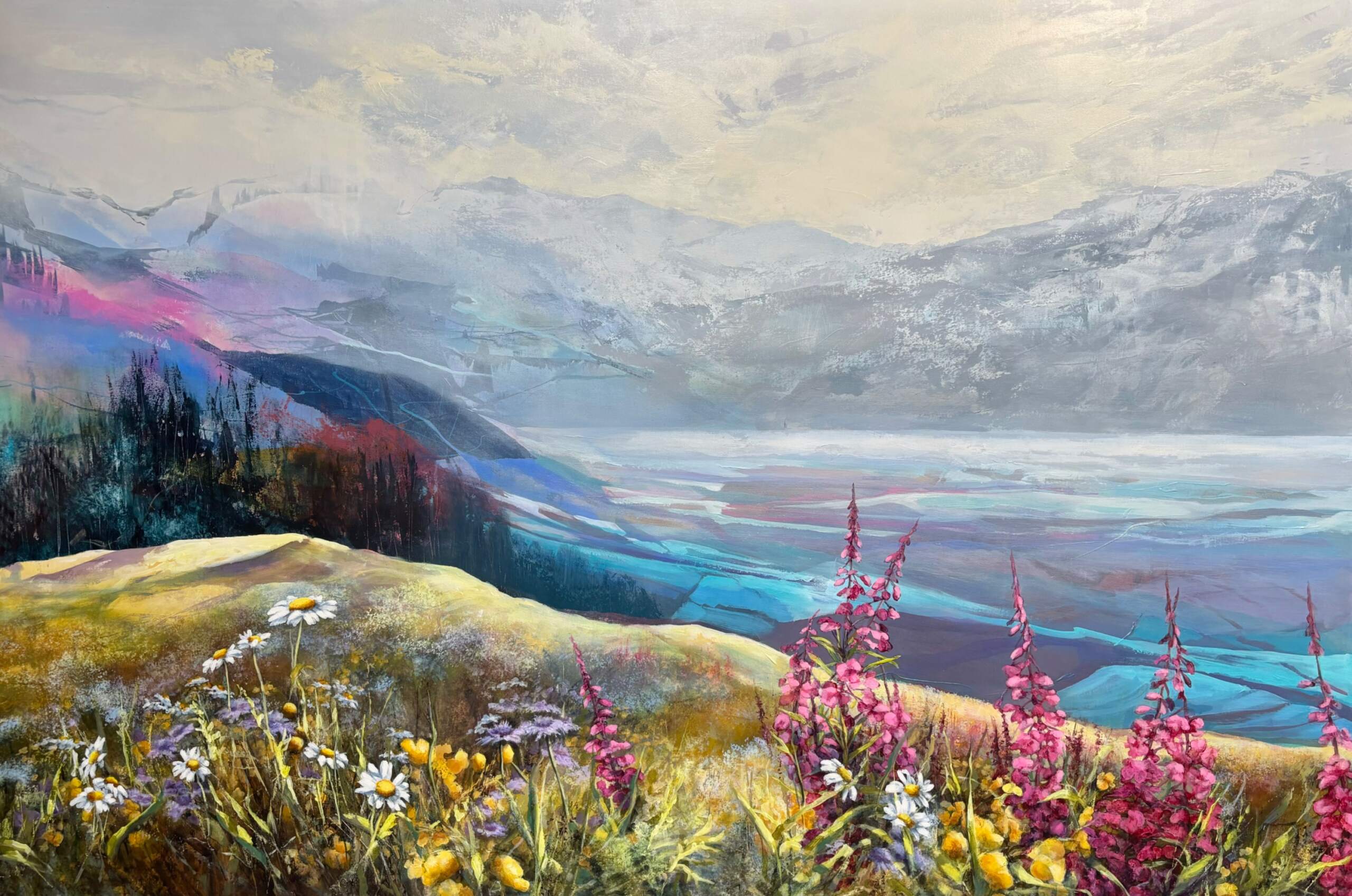 Valley Blossoms, original acrylic summer mountain landscape painting by Canadian artist Jane Bronsch at Effusion Art Gallery in Invermere, BC.