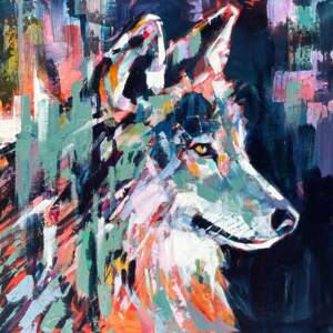 Always Alert, original acrylic wolf painting by Canadian artist Verne Busby at Effusion Art Gallery in Invermere, BC.