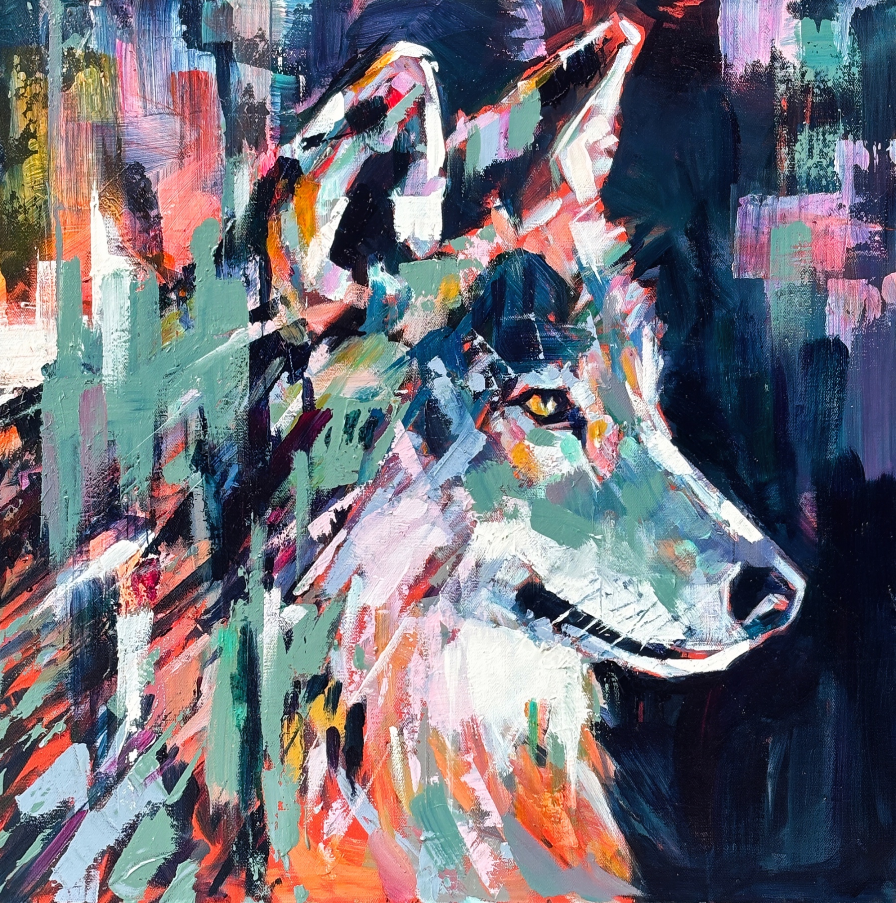 Always Alert, original acrylic wolf painting by Canadian artist Verne Busby at Effusion Art Gallery in Invermere, BC.
