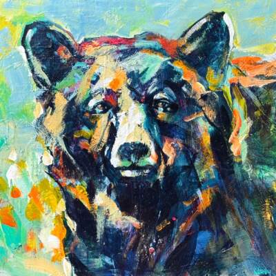 Full Strength, original acrylic bear painting by Canadian artist Verne Busby at Effusion Art Gallery in Invermere, BC.