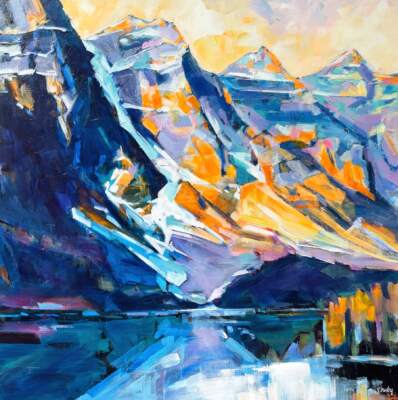 Golden Hour, original acrylic landscape painting of Moraine Lake by Canadian artist Verne Busby at Effusion Art Gallery in Invermere, BC.