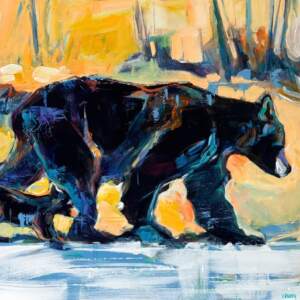 Riverwalk 1, original acrylic painting of a mama black bear and her two playful cubs by Canadian artist Verne Busby at Effusion Art Gallery in Invermere, BC.