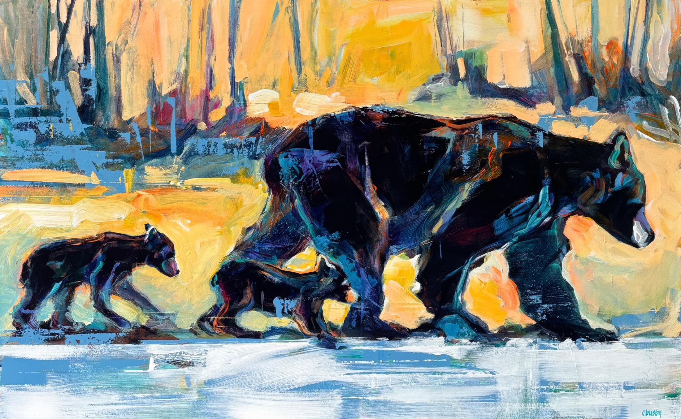 Riverwalk 1, original acrylic painting of a mama black bear and her two playful cubs by Canadian artist Verne Busby at Effusion Art Gallery in Invermere, BC.