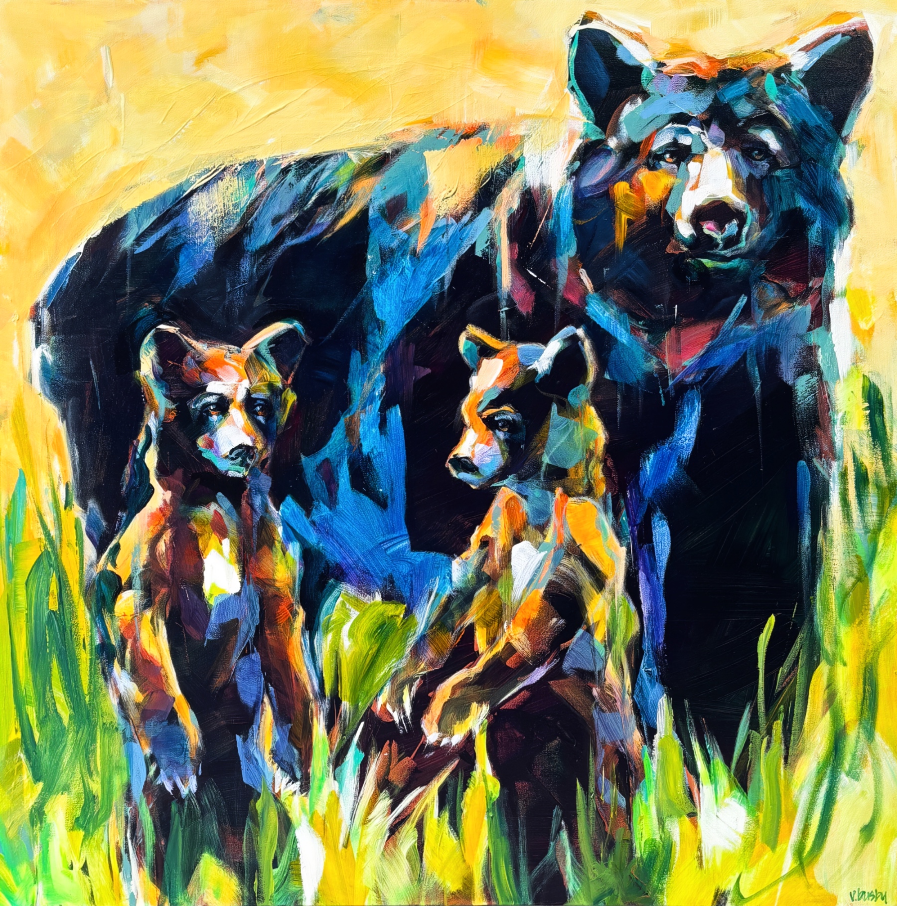 Summer Trio, original acrylic painting of a mama black bear and her two playful cubs by Canadian artist Verne Busby at Effusion Art Gallery in Invermere, BC.