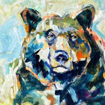The Winter Coat, original acrylic bear painting by Canadian artist Verne Busby at Effusion Art Gallery in Invermere, BC.