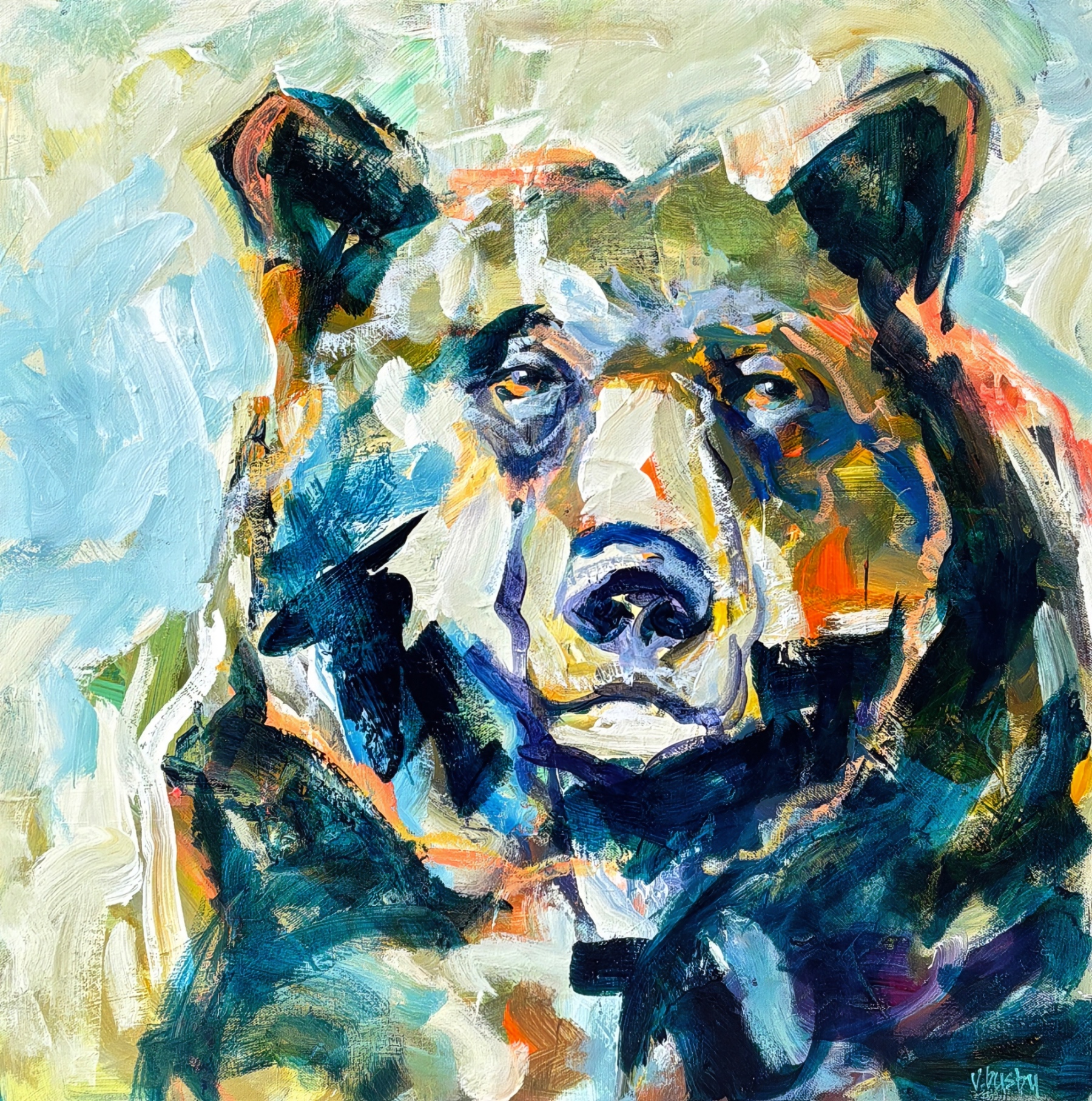 The Winter Coat, original acrylic bear painting by Canadian artist Verne Busby at Effusion Art Gallery in Invermere, BC.